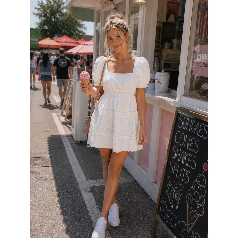Sofie the Label White Puff Sleeve Smocked Babydoll Mini Dress Size Large